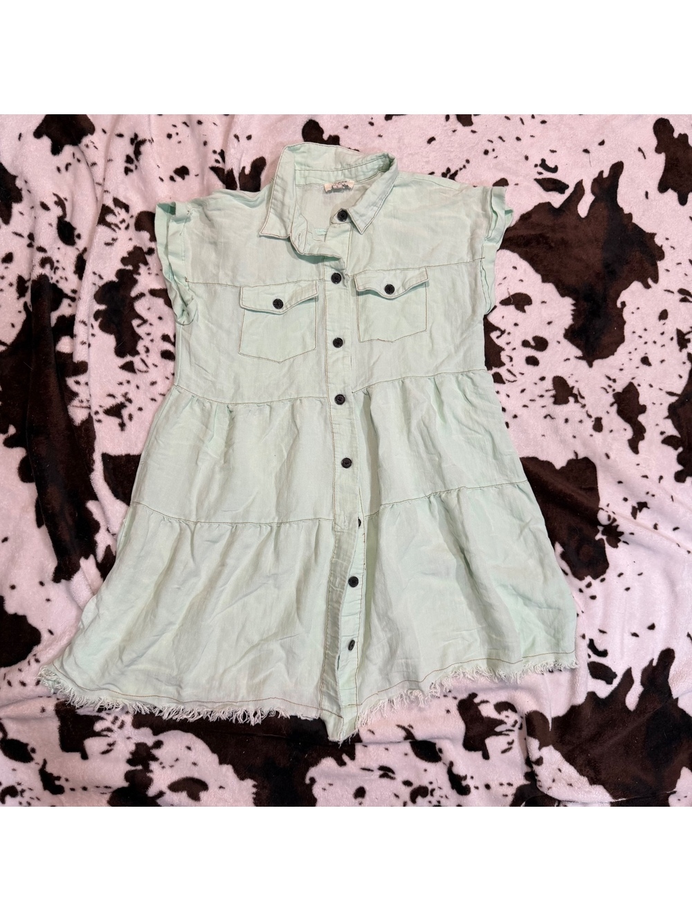 Umgee Mint Green Tiered Shirt Dress Raw Hem Button Front Utility Size S